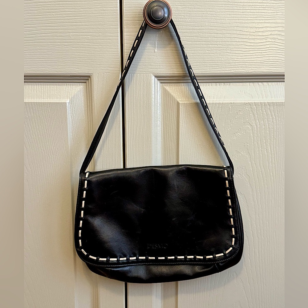 Desmo Italian Soft Leather Black Shoulder Bag with White Stiching on Front